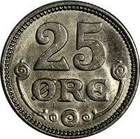 Denmark Christian X Silver 1920 VBP GJ 25 Ore 1st DATE Ch.UNC KM#815.2a (15 017)