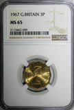 Great Britain Elizabeth II Nickel-Brass 1967 3 Pence NGC MS65 KM# 900 (009)