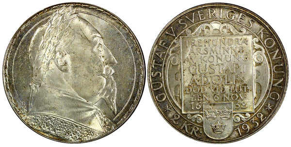 SWEDEN Silver 1932 G 2 Kronor  1 YEAR Death of Gustaf II Adolf  UNC KM# 805 (27)