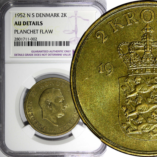 Denmark Frederik IX Aluminum-Bronze 1952 N S 2 Kroner NGC AU DETAIL KM# 838.1(2)