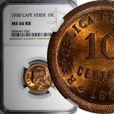 Cape Verde Bronze 1930 10 Centavos 1 YEAR TYPE NGC MS66 RB TOP GRADED KM# 2 (35)