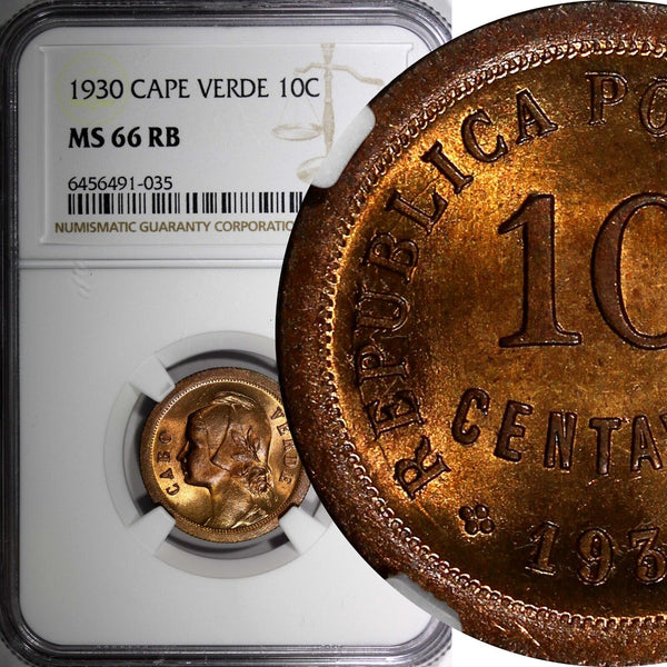 Cape Verde Bronze 1930 10 Centavos 1 YEAR TYPE NGC MS66 RB TOP GRADED KM# 2 (35)