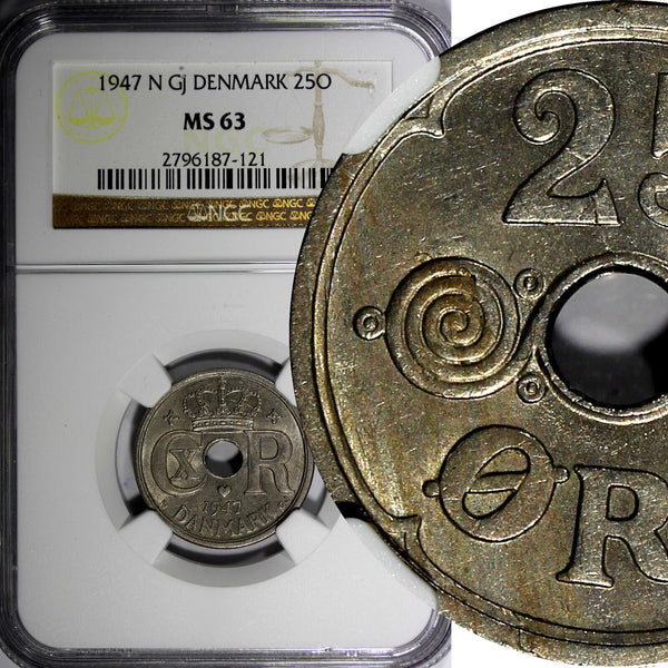 Denmark  Christian X 1947 N; GJ  25 Ore NGC MS63 Last Date for Type KM# 823.2(1)