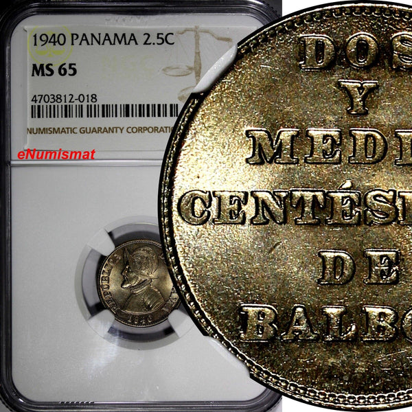 PANAMA Copper-Nickel 1940 2,5 Centesimos NGC MS65 Balboa NICE TONING KM# 16(018)