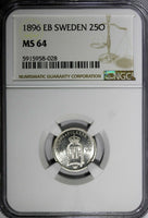 Sweden Oscar II Silver 1896 EB 25 Ore NGC MS64 NICE GEM  KM# 739 (028)