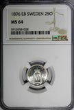 Sweden Oscar II Silver 1896 EB 25 Ore NGC MS64 NICE GEM  KM# 739 (028)