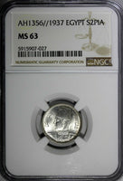 EGYPT Farouk Silver AH1356//1937 2 Piastres NGC MS63 Mintage-500,000 KM# 365(27)