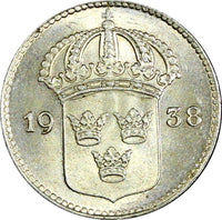 SWEDEN Gustaf V Silver 1938 G 10 Öre UNC KM# 780 (22 135)