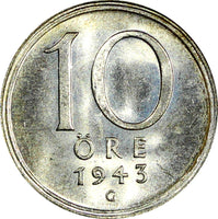 Sweden Gustaf V (1907-1950) Silver 1943 G 10 Öre BU KM# 813 (22 070)