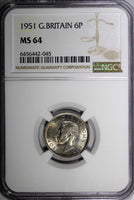 Great Britain George VI Copper-Nickel 1951 6 Pence NGC MS64 Toned KM# 875 (045)