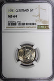 Great Britain George VI Copper-Nickel 1951 6 Pence NGC MS64 Toned KM# 875 (045)