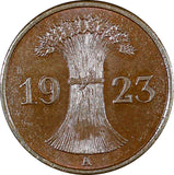 Germany - Weimar Republic Bronze 1923 A 1 Rentenpfennig Berlin Mint KM#30 (511)