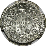 India-British George VI Silver 1943 (B) 1/2 Rupee DOT NGC MS62 KM# 552 (017)