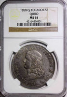 ECUADOR Silver 1858-GJ Quito Mint 5 Francos NGC MS61 Nice Toned VERY RARE KM# 39