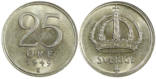 Sweden Gustaf V Silver 1949 TS 25 Öre   GEM BU COIN KM# 816 (22 028)