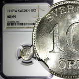 SWEDEN Gustaf V Silver 1917-W 10 Ore NGC MS64 WWI Issue  KM#780 (166)