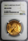 Great Britain Elizabeth II Bronze 1967 1 Penny NGC MS64 RD RED BU KM# 897 (02)