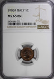 Italy Vittorio Emanuele III 1905 R 1 Centesimo NGC MS65 BN TOP GRADED KM# 35 (2)