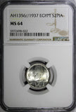 EGYPT Farouk (1936-1952) Silver AH1361//1942 2 Piastres NGC MS64 KM# 365 (022)