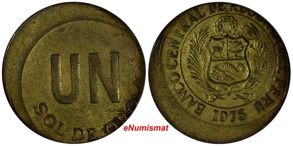 Peru Brass 1975 1 UN Sol MINT ERROR OFF CENTER aUNC Condition KM# 266.1 (17 484)