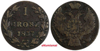 Poland Nicholas I Copper 1837 MW 1 Grosz Warszawa mint ERROR VERY RARE C# 106(6)