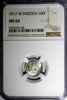 SWEDEN Gustaf V Silver 1917-W 10 Ore NGC MS64 WWI Issue  KM#780 (166)