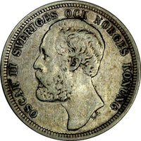 Sweden Oscar II Silver 1880 EB 1 Krona Mintage-177,000 SCARCE  KM# 747 (15 653)