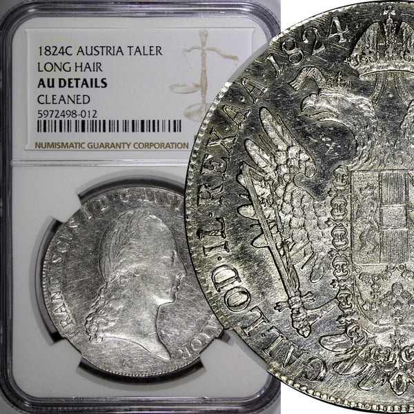 Austria Franz I Silver 1824 C 1 Taler Long Hair Prague NGC AU Details KM#2162(2)