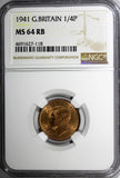 Great Britain George VI Bronze 1941 Farthing NGC MS64 RB KM# 843