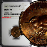 Great Britain George VI Bronze 1945 Farthing NGC MS65 RB RED TONING KM# 843 (19)