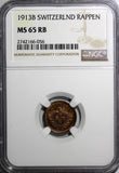 Switzerland Bronze 1913 B 1 Rappen NGC MS65 RB NICE RED HELVETIA KM# 3.2 (056)