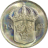SWEDEN Gustaf V Silver 1942 G 10 Öre  Last Year GEM BU Rainbow Toned KM# 780 (5)