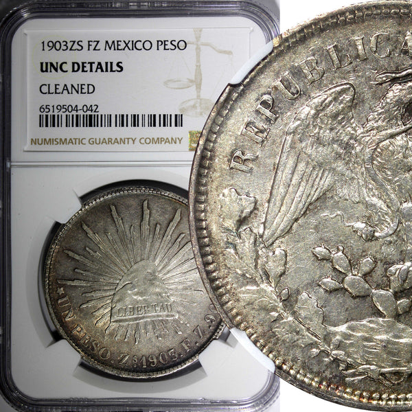 MEXICO Silver 1903 ZS FZ Peso Zacatecas 39mm NGC UNC DETAILS KM# 409.3 (42)