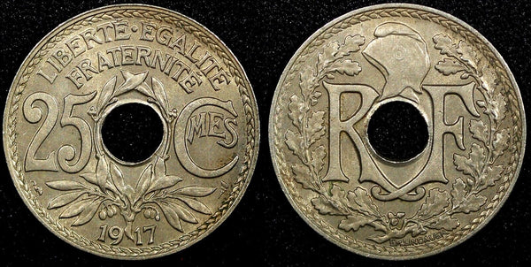 FRANCE Copper-Nickel 1917 25 Centimes No Dash UNC Toned KM# 867a (24 175)