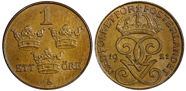 SWEDEN Gustaf V Bronze 1921 1 Öre BU Condition KM# 777.2 (21 920)