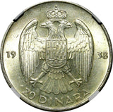 Yugoslavia Petar II Silver 1938 20 Dinara NGC MS62+ PLUS 1 Year Type KM# 23 (24)