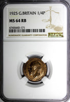 Great Britain George V Bronze 1925 Farthing NGC MS64 RB LAST YEAR  KM# 808.2 (1)