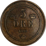 Sweden Oscar II Bronze 1892 5 Ore Large Letters Variety KM# 757 (17 811)