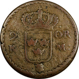 Sweden Carl XI Copper 1661 2 Ore Kopparmynt 41.78 mm 1st Year Type KM#234.1(282)