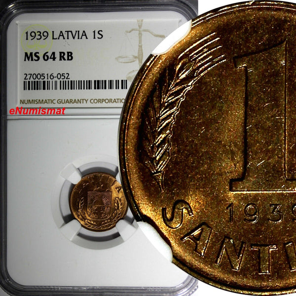 LATVIA Bronze 1939 1 Santims NGC MS64 RB Nice Red Toning BU KM# 10 (052)