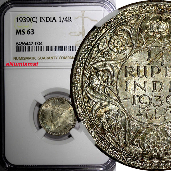 India-British George VI Silver 1939 (C) 1/4 Rupee Calcutta NGC MS63 KM# 544 (04)