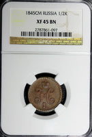RUSSIA Nicholas I  1845 СМ 1/2 Kopek NGC XF45 Large Date Top Graded ! C#143.2