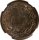 SWEDEN Oscar I Bronze 1858/7  5 Ore  Overdate NGC AU58 BN  KM# 690  (151)