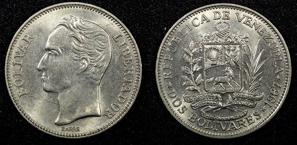 Venezuela Nickel 1967 2 Bolivares 27 mm Nice High Grade Y 43  (22 645)