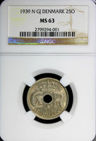 Denmark Christian X 1939 N GJ 25 Ore NGC MS63 BETTER DATE HIGH GRADE KM# 823.2