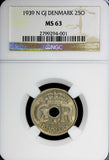 Denmark Christian X 1939 N GJ 25 Ore NGC MS63 BETTER DATE HIGH GRADE KM# 823.2