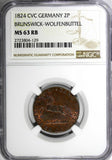 German BRUNSWICK-WOLFENBÜTTEL 1824 2 Pfennige NGC MS63 RB TOP GRADE KM1108(129)