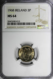 Ireland Republic Copper-Nickel 1968 3 Pence NGC MS64 LAST YEAR TYPE KM# 12a (15)