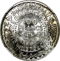 Morocco Mohammed V Silver AH1372//1953 100 Francs NGC MS66 Toned Y# 52 (020)