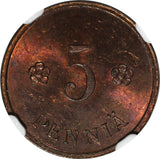 Finland Copper 1930 5 Penniä NGC MS63 BN BETTER DATE TOP  GRADED KM# 22 (031)